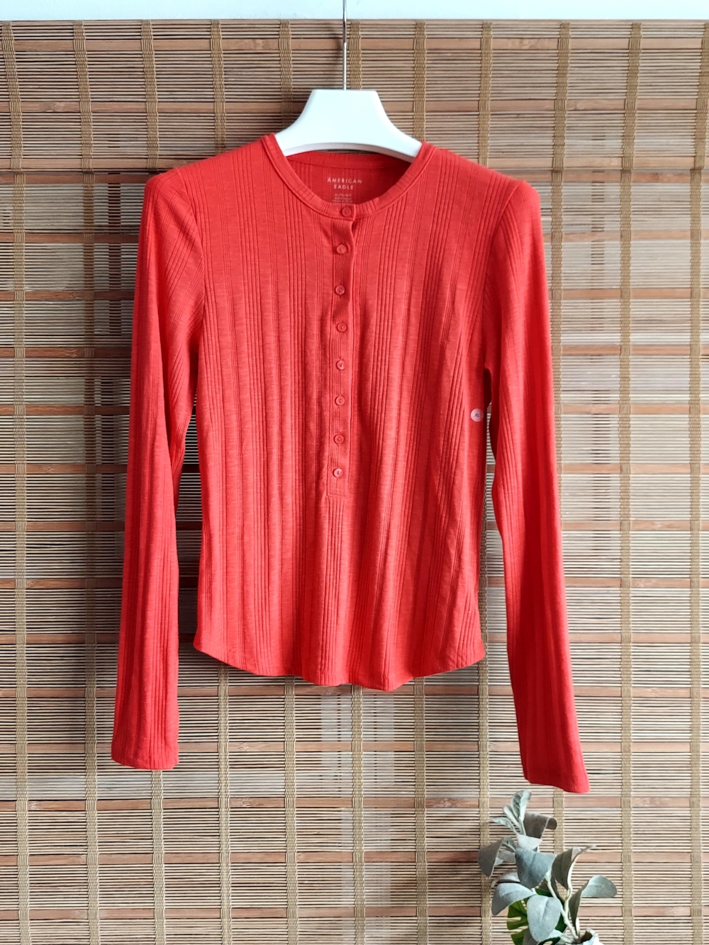 American Eagle Outfitters Coral-Red Ribbed Henley Long Sleeve Top